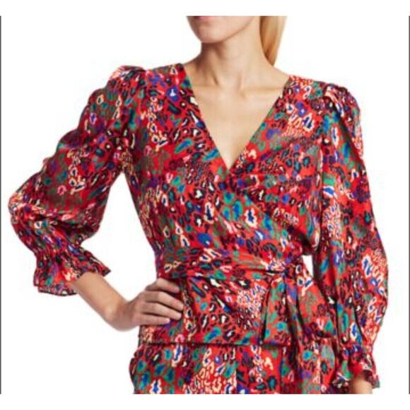 Tanya Taylor Kaylee Silk Red Wrap Blouse women's sz 6 Mixed Animal Print - Picture 4 of 11